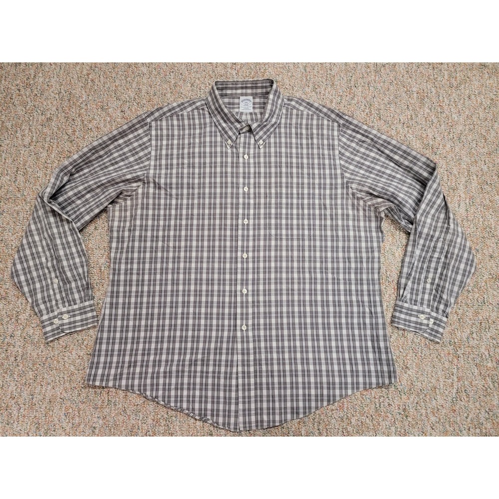 Brooks Brothers 346 Shirt Mens 2XL Gray Plaid Slim Fit Cotton Button Down